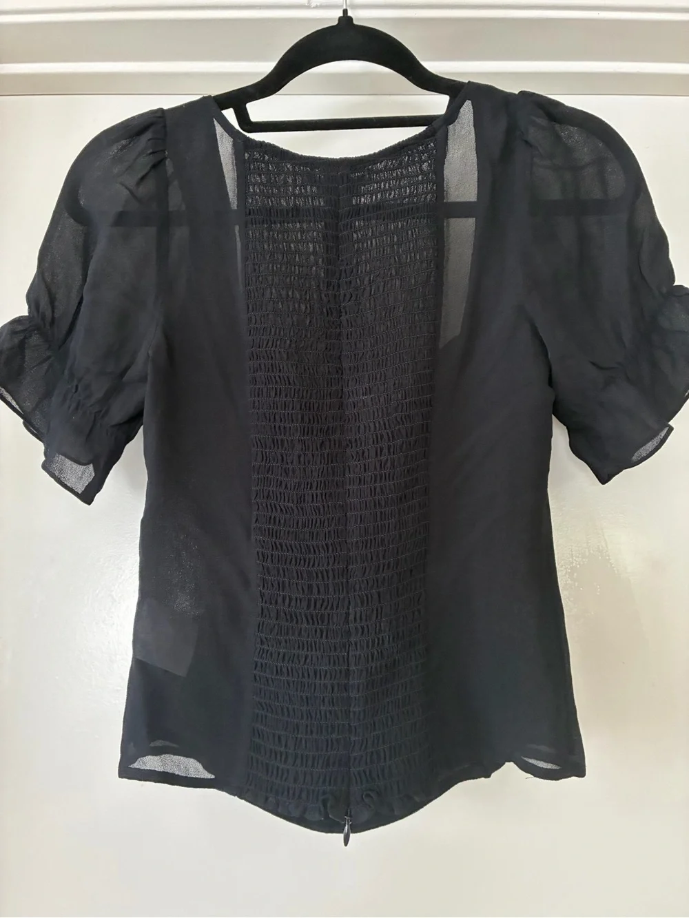 Reformation Black Sheer Puff-Sleeve Tie-Front Blouse